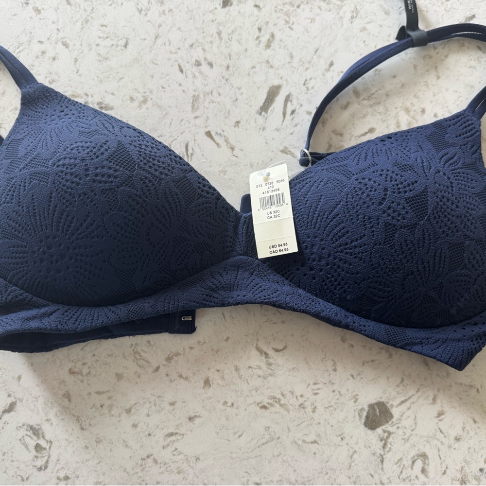 Navy Lace-Overlay T-Shirt Bra with Lightly Padded Cups